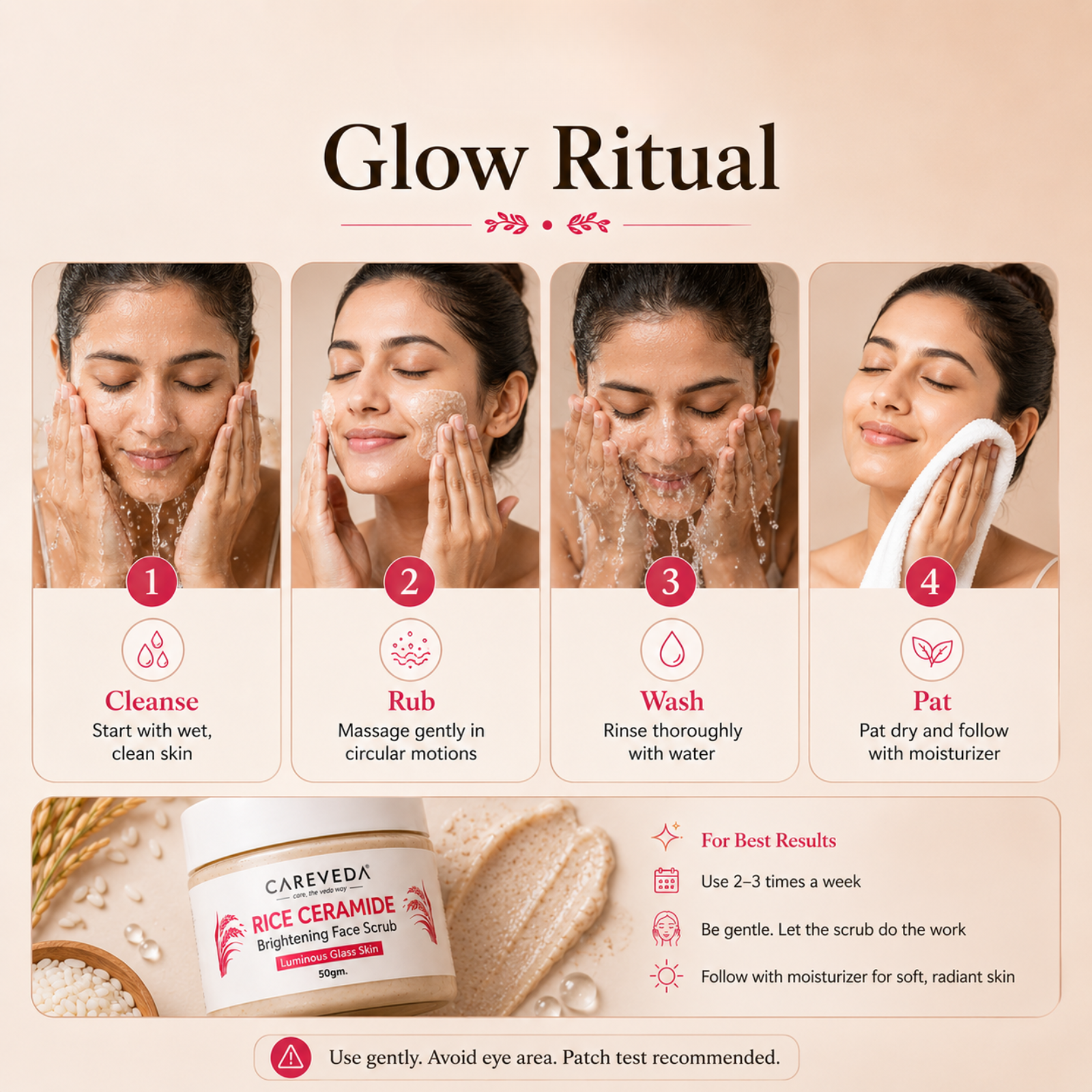 Careveda Rice Ceramide Brightening Face Scrub for Luminous Glass Skin – with Coffee, Walnut & Sugar – Deep Cleansing & Texture Refining – 50gm