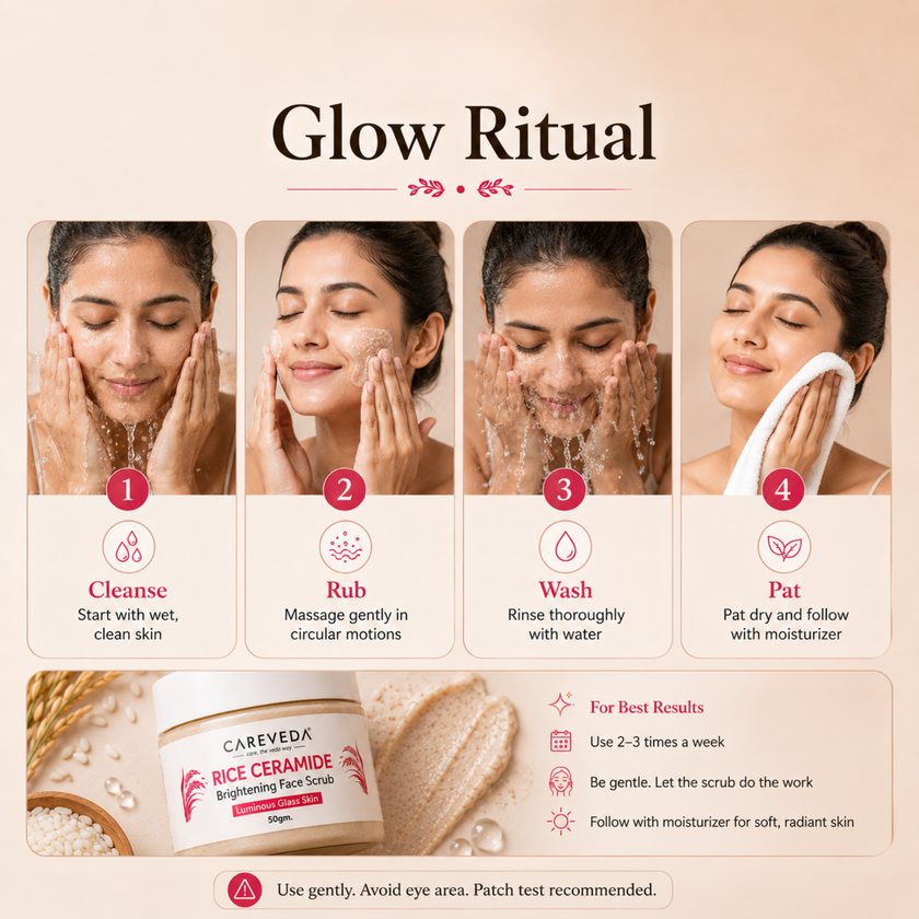 Careveda Rice Ceramide Brightening Face Scrub for Luminous Glass Skin – with Coffee, Walnut & Sugar – Deep Cleansing & Texture Refining – 50gm