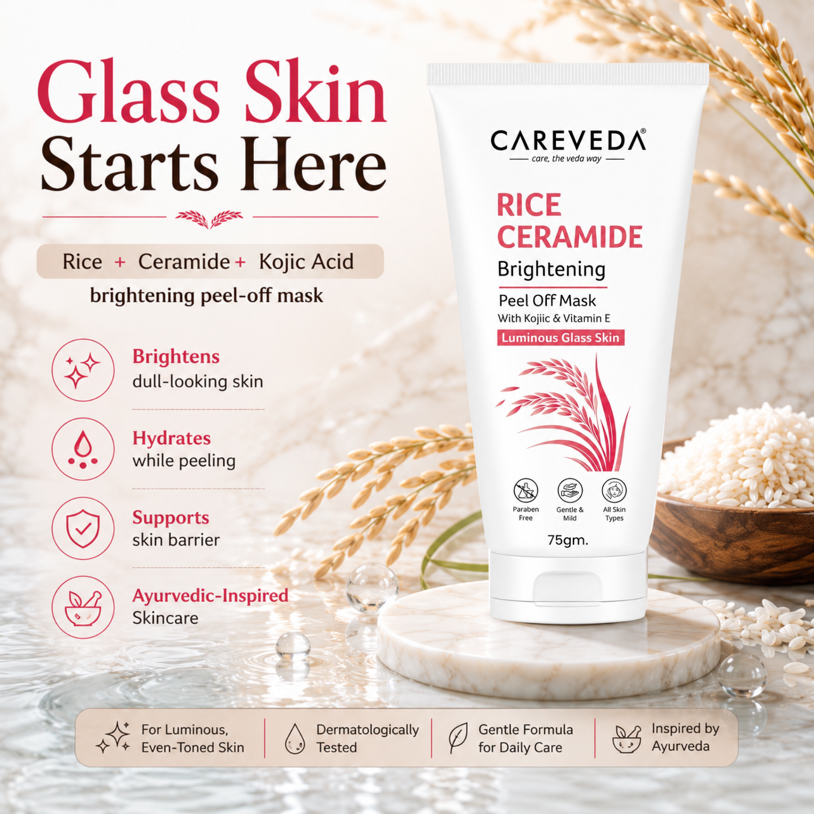 Careveda Rice Ceramide Brightening Peel Off Mask for Luminous Glass Skin – 75g | With Kojic Acid & Vitamin E | Brightening Face Mask for Dull Skin & Skin Barrier Support