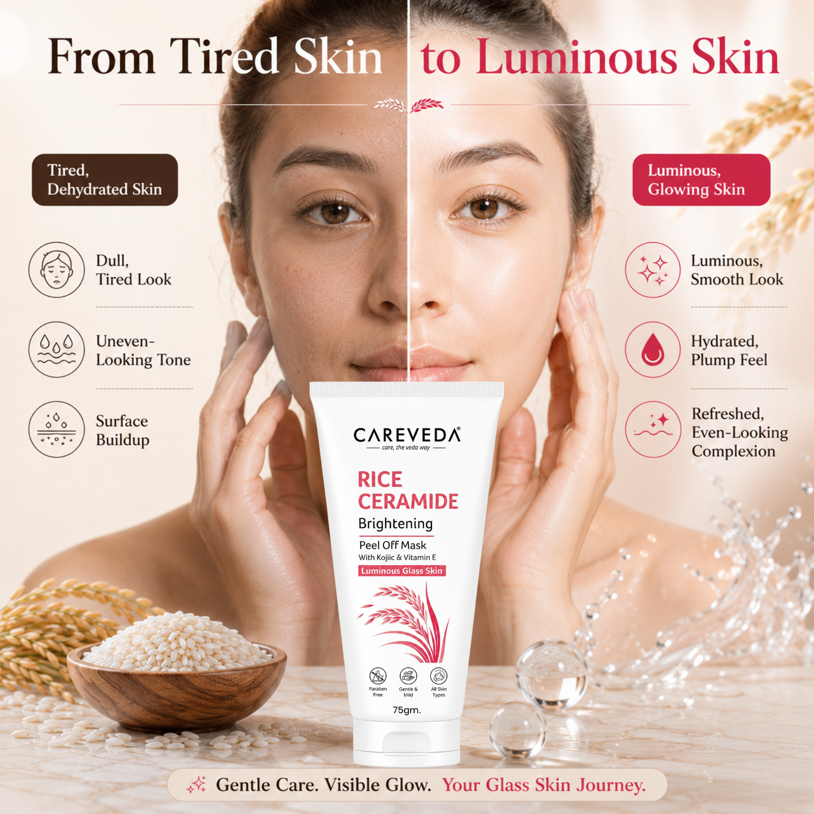 Careveda Rice Ceramide Brightening Peel Off Mask for Luminous Glass Skin – 75g | With Kojic Acid & Vitamin E | Brightening Face Mask for Dull Skin & Skin Barrier Support