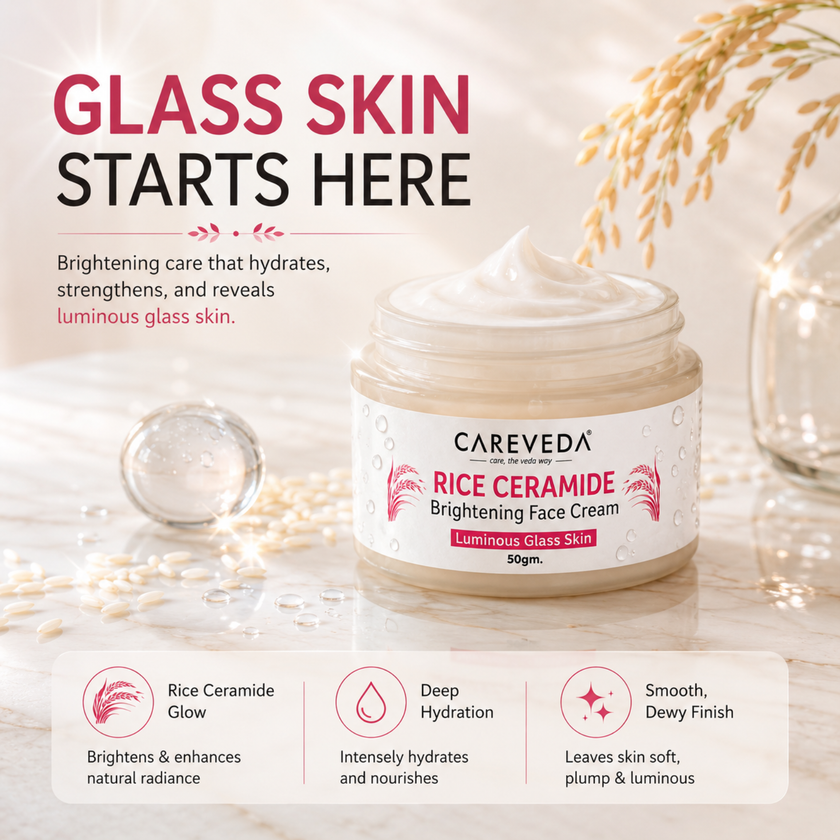 Careveda Rice Ceramide Brightening Face Cream for Luminous Glass Skin - 50gm | Deep Hydration & Moisture Barrier Repair