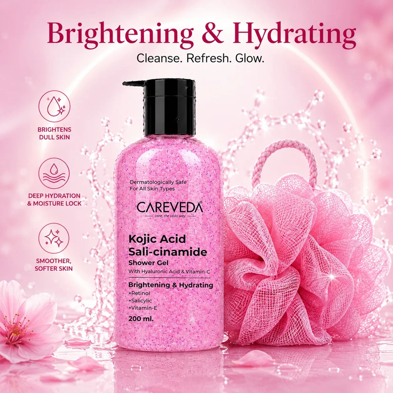 Careveda Advanced Ayurvedic Formula Brightening & Hydrating Kojic Acid Sali-cinamide Shower Gel (200ml)