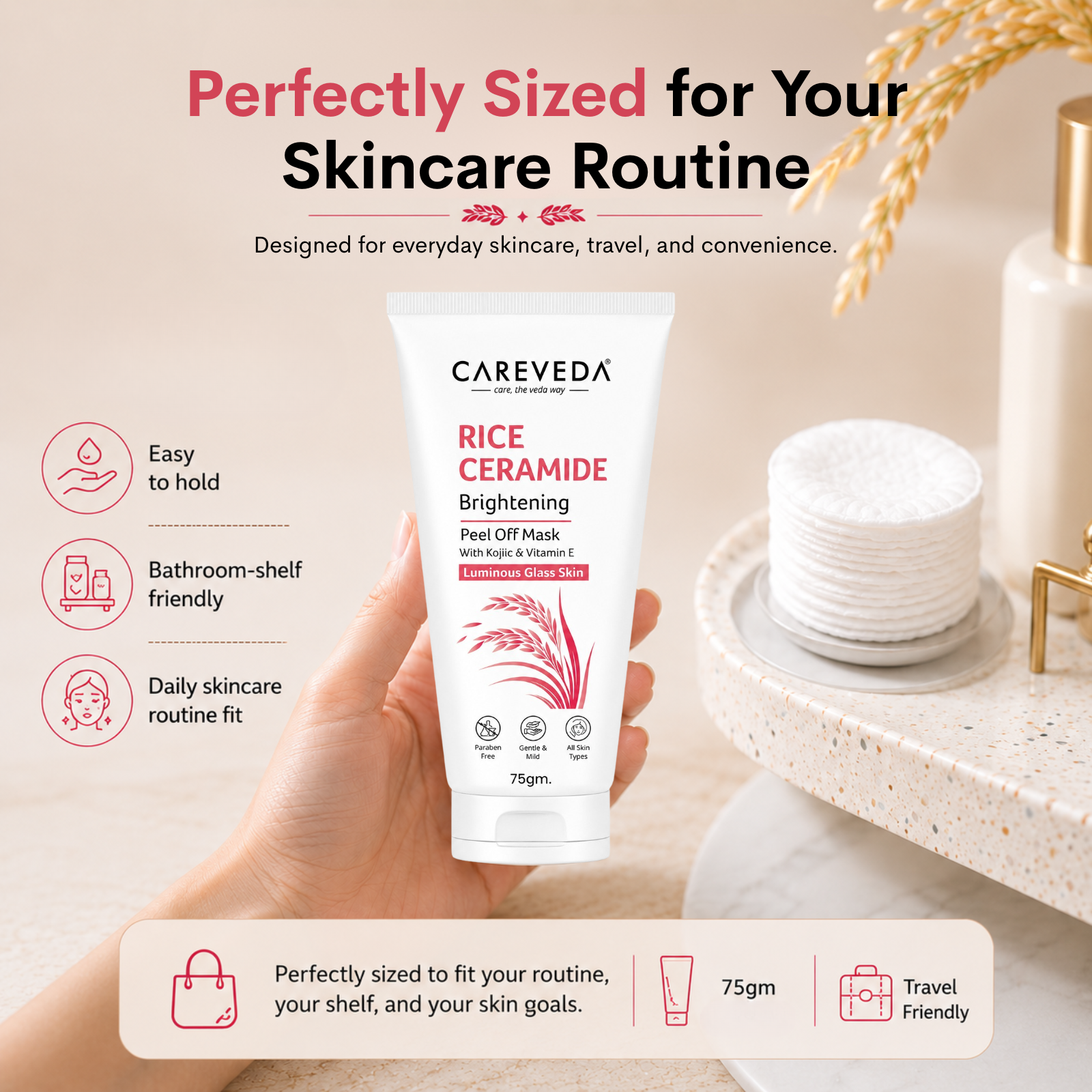 Careveda Rice Ceramide Brightening Peel Off Mask for Luminous Glass Skin – 75g | With Kojic Acid & Vitamin E | Brightening Face Mask for Dull Skin & Skin Barrier Support