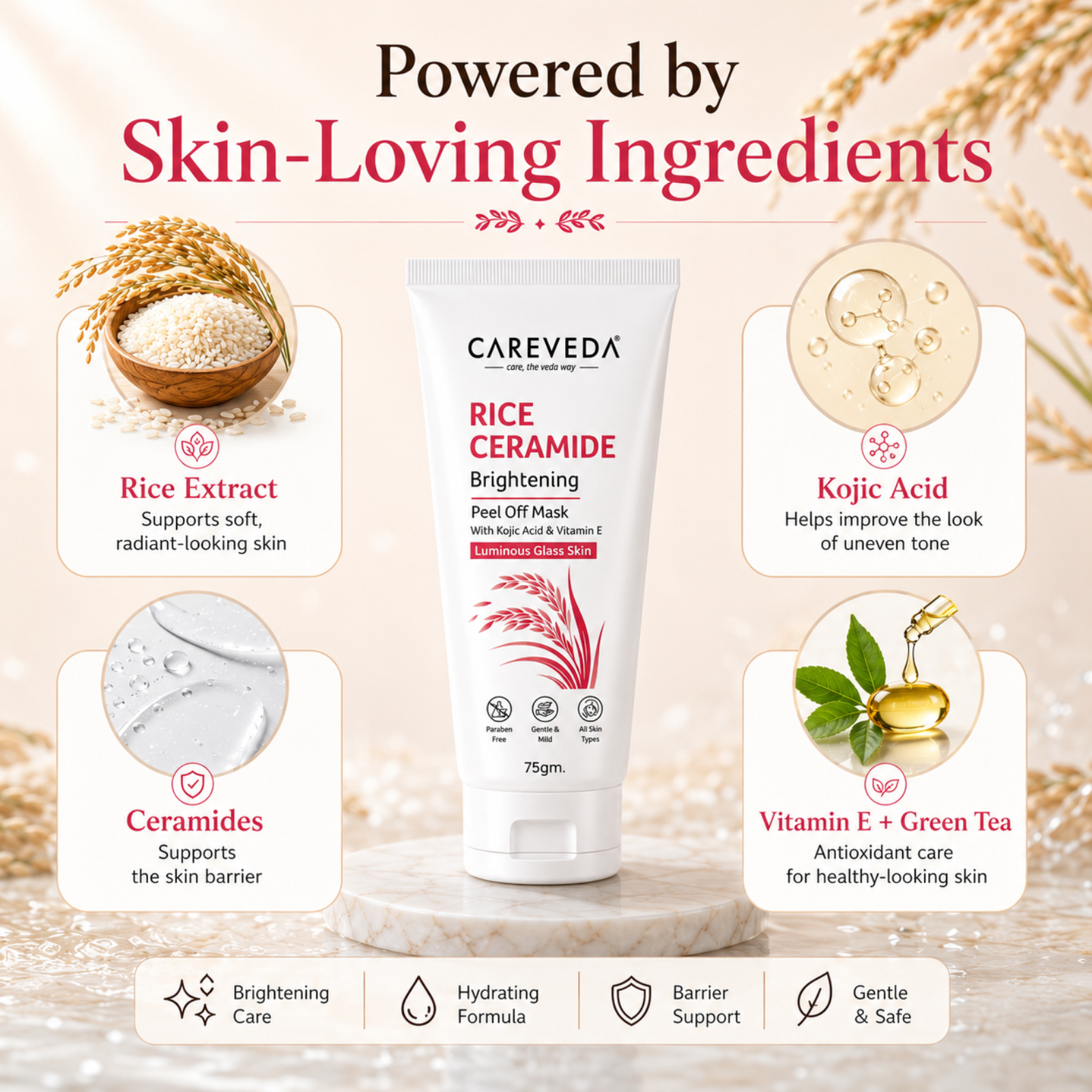 Careveda Rice Ceramide Brightening Peel Off Mask for Luminous Glass Skin – 75g | With Kojic Acid & Vitamin E | Brightening Face Mask for Dull Skin & Skin Barrier Support