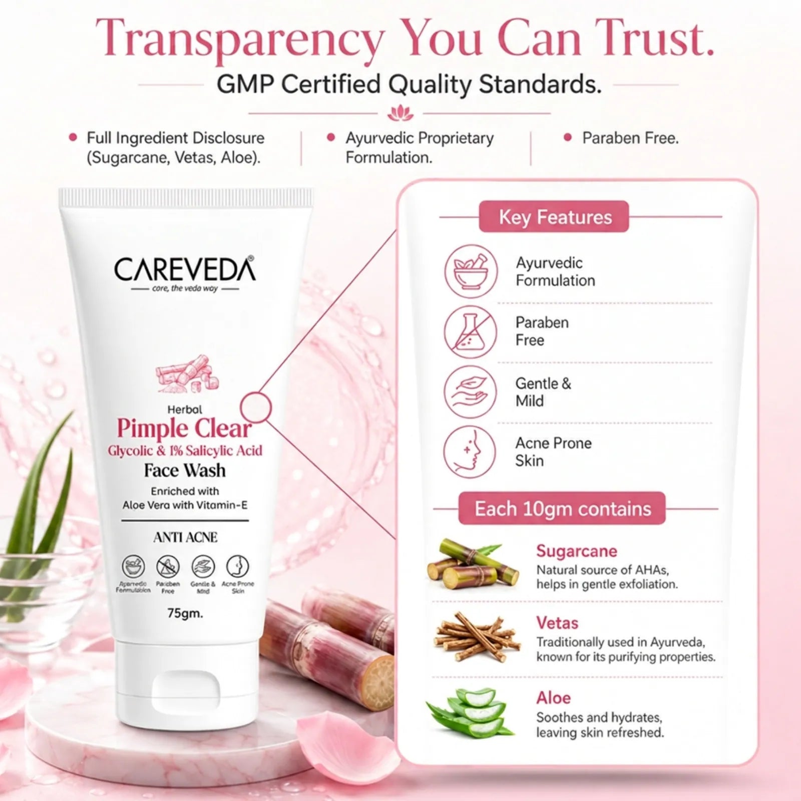 CareVeda Herbal Pimple Clear Face Wash with 1% Salicylic & Glycolic Acid - 75gm