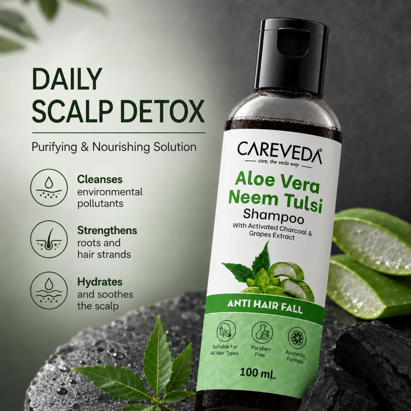 Careveda Aloe Vera Neem Tulsi Shampoo with Activated Charcoal & Grapes - Anti Hair Fall (100ml)