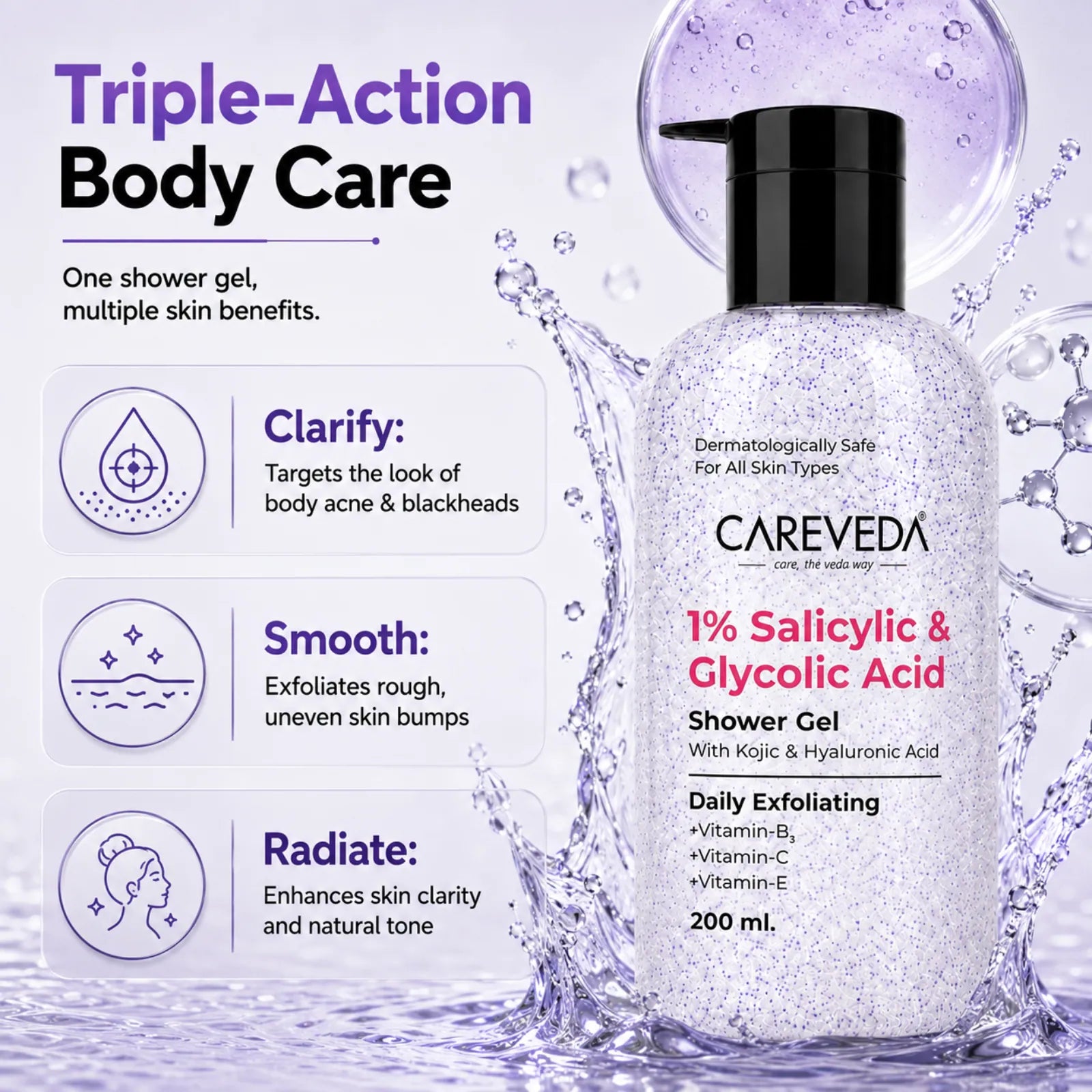 Careveda Daily Exfoliating Sali-cinamide Shower Gel | Brightening & Hydrating Body Wash with AHA & BHA - 200ml