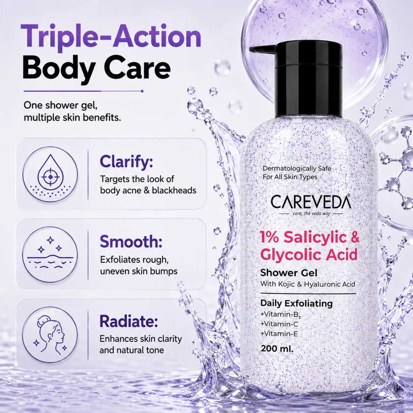 Careveda Daily Exfoliating Sali-cinamide Shower Gel | Brightening & Hydrating Body Wash with AHA & BHA - 200ml