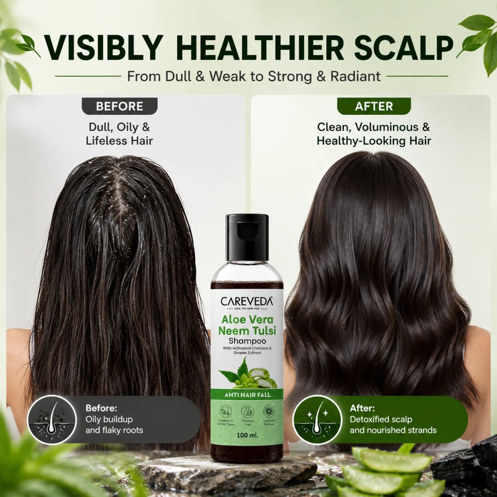 Careveda Aloe Vera Neem Tulsi Shampoo with Activated Charcoal & Grapes - Anti Hair Fall (100ml)