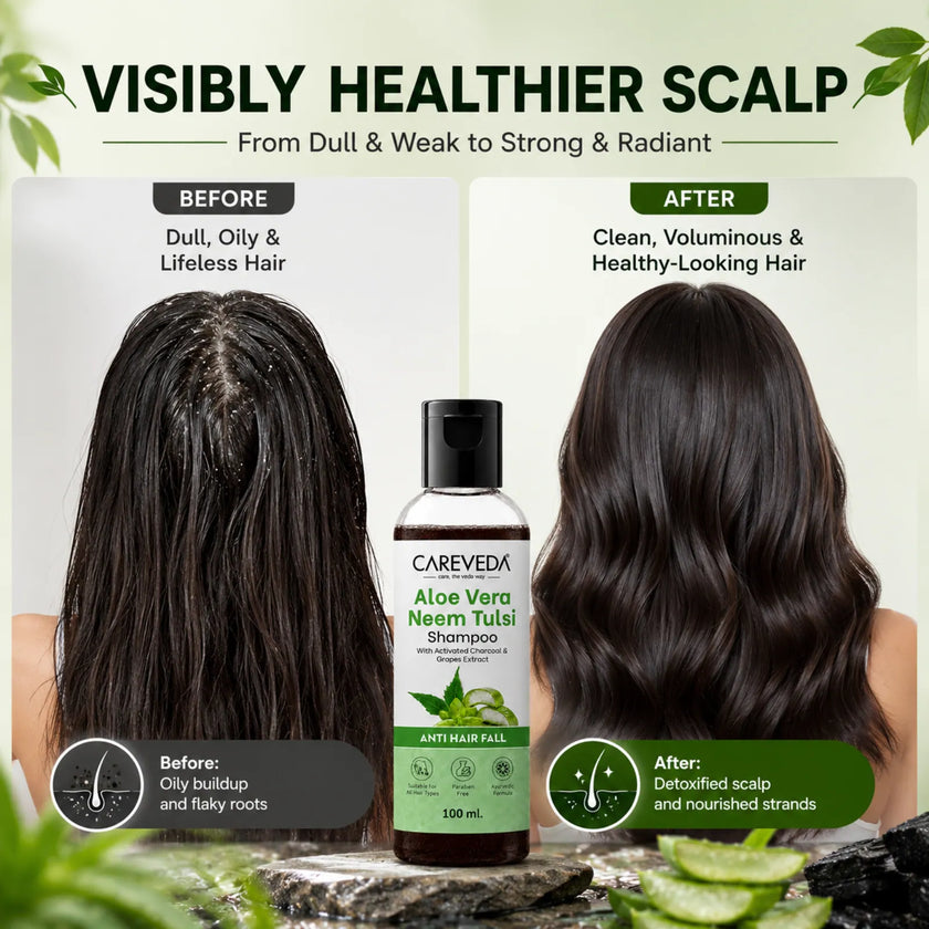 Careveda Aloe Vera Neem Tulsi Shampoo with Activated Charcoal & Grapes - Anti Hair Fall (100ml)