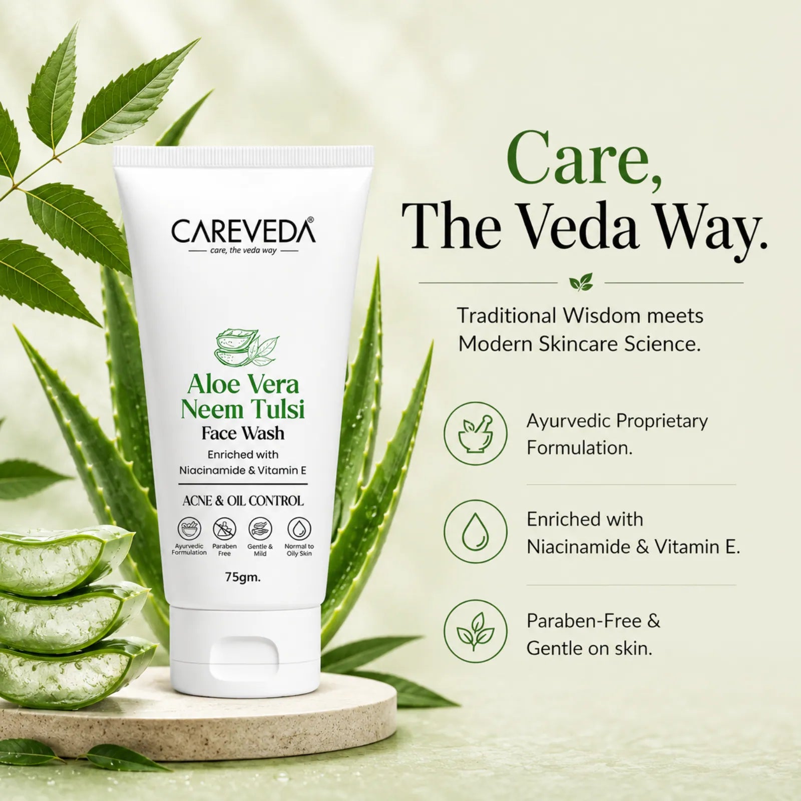 Careveda Aloe Vera Neem Tulsi Face Wash with Niacinamide & Vitamin E - 75gm
