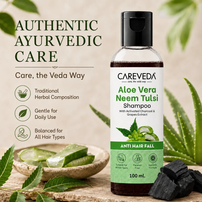 Careveda Aloe Vera Neem Tulsi Shampoo with Activated Charcoal & Grapes - Anti Hair Fall (100ml)