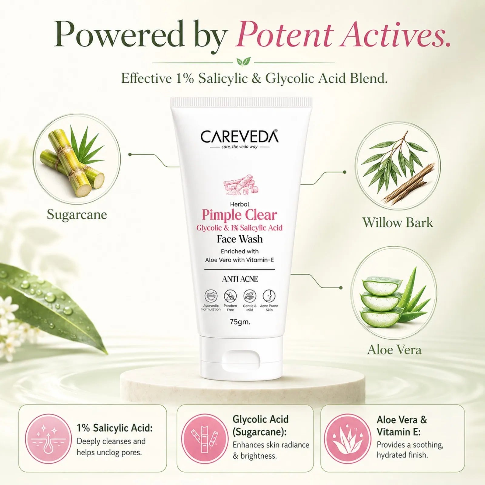 CareVeda Herbal Pimple Clear Face Wash with 1% Salicylic & Glycolic Acid - 75gm