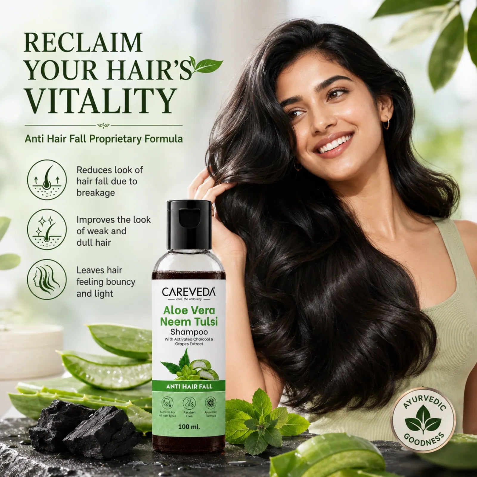 Careveda Aloe Vera Neem Tulsi Shampoo with Activated Charcoal & Grapes - Anti Hair Fall (100ml)