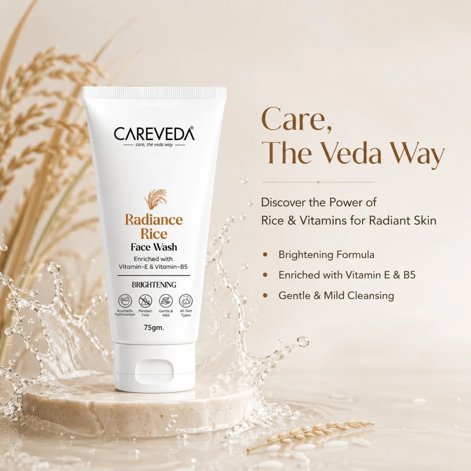 CareVeda Radiance Rice Face Wash for Glowing Skin - with Vitamin E & Vitamin B5 - Brightening & Hydrating Daily Cleanser - For All Skin Types, Paraben Free - 75gm