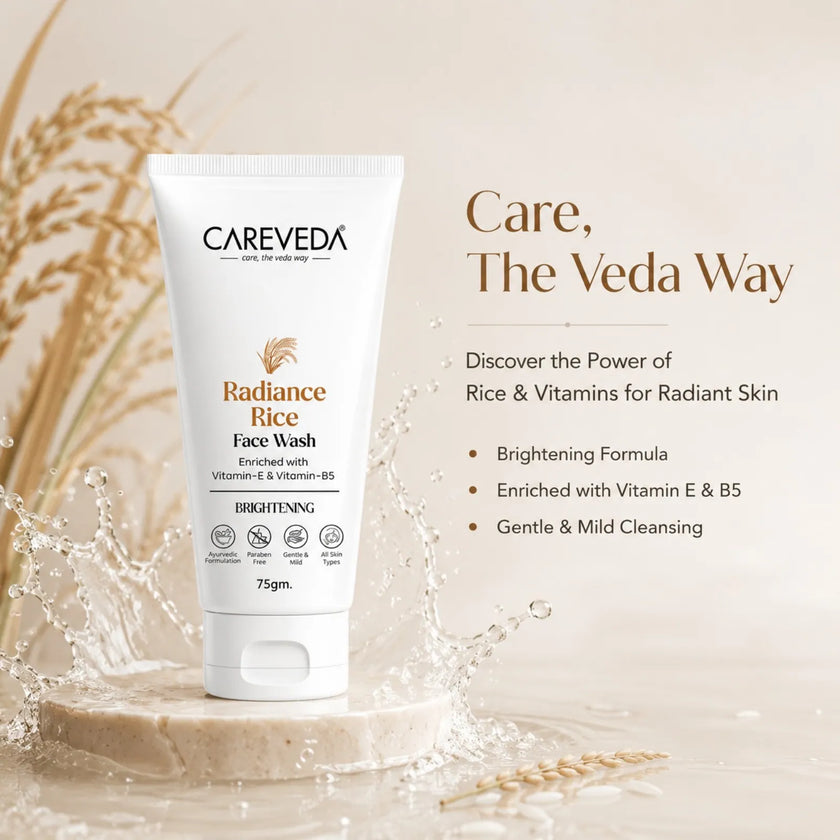 CareVeda Radiance Rice Face Wash for Glowing Skin - with Vitamin E & Vitamin B5 - Brightening & Hydrating Daily Cleanser - For All Skin Types, Paraben Free - 75gm
