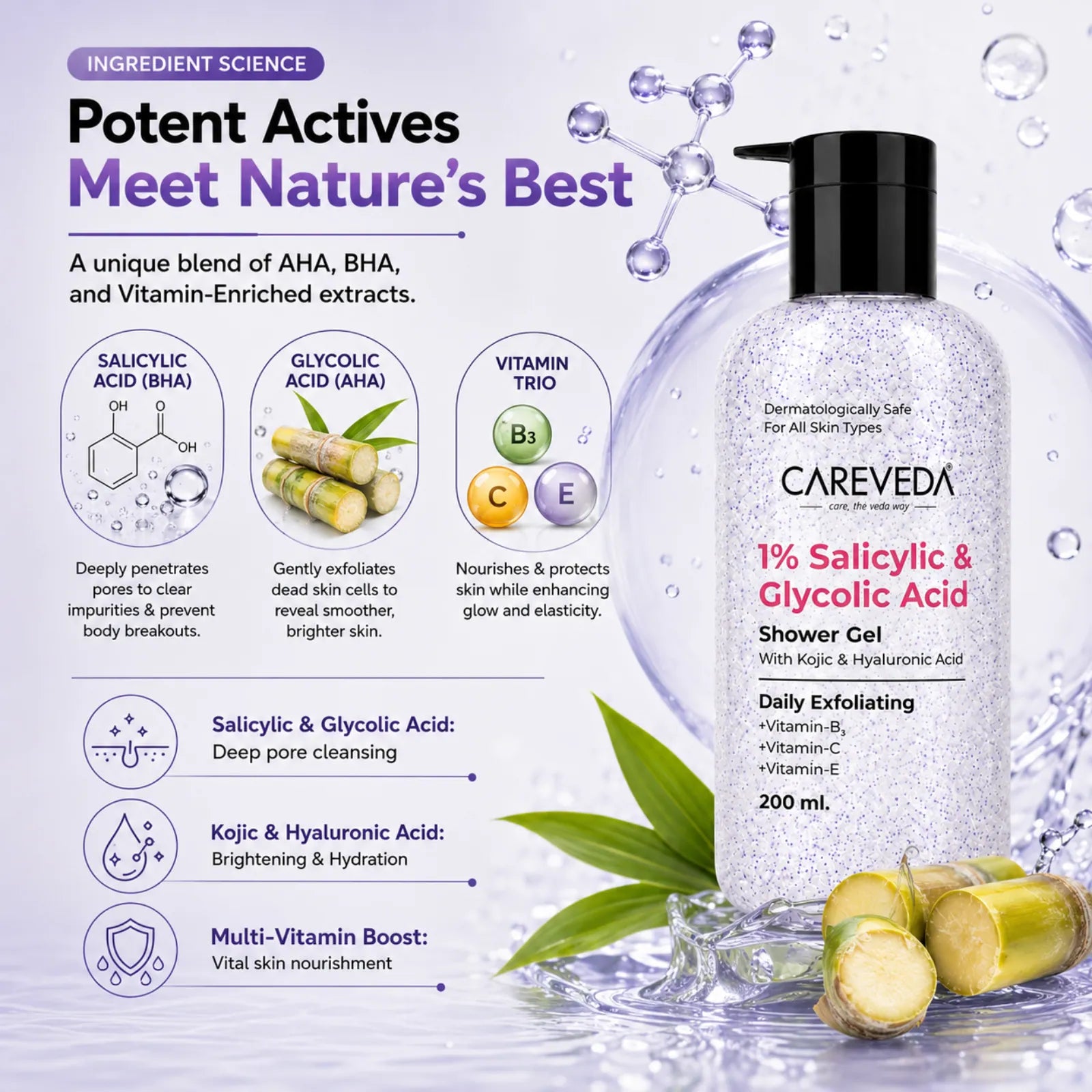 Careveda Daily Exfoliating Sali-cinamide Shower Gel | Brightening & Hydrating Body Wash with AHA & BHA - 200ml
