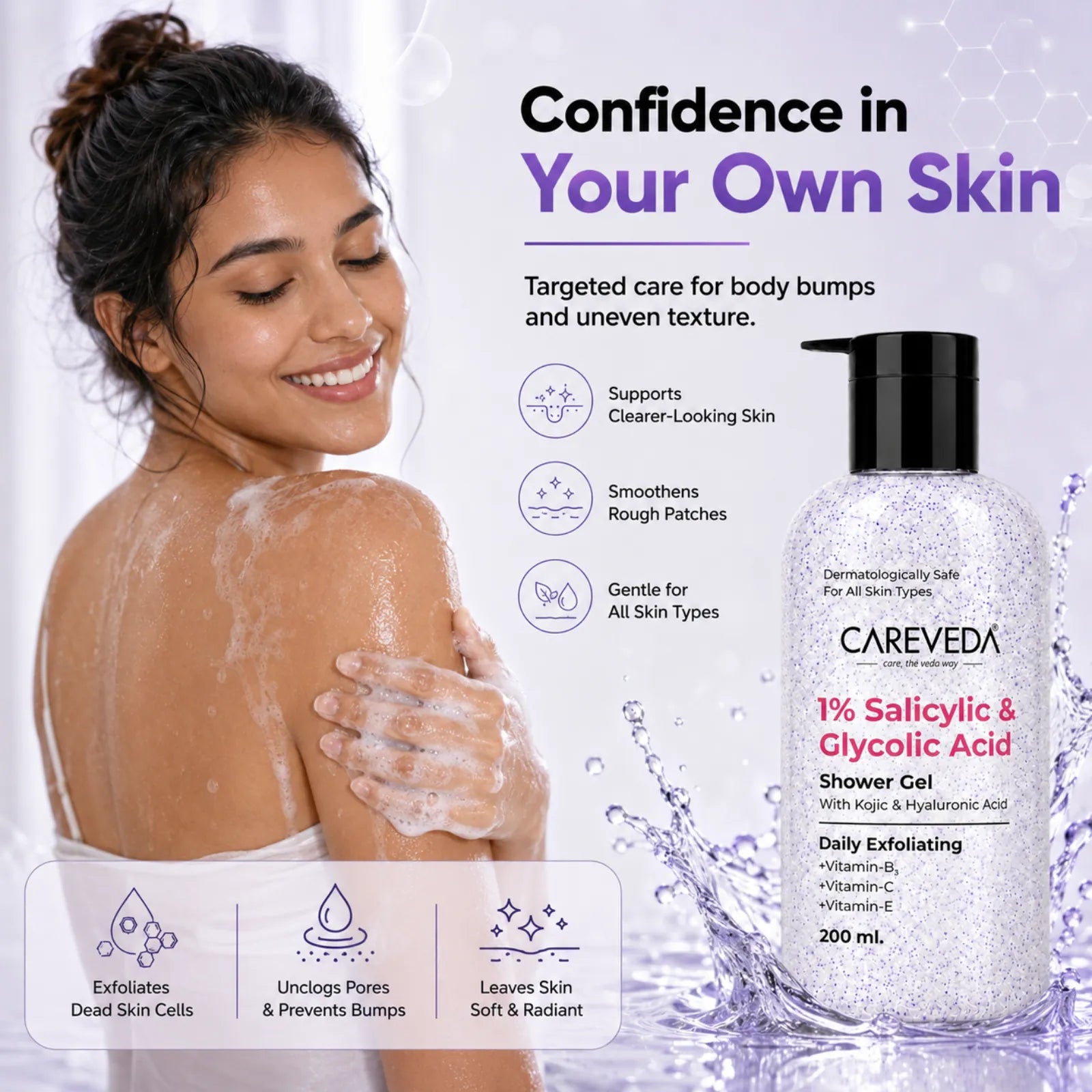 Careveda Daily Exfoliating Sali-cinamide Shower Gel | Brightening & Hydrating Body Wash with AHA & BHA - 200ml
