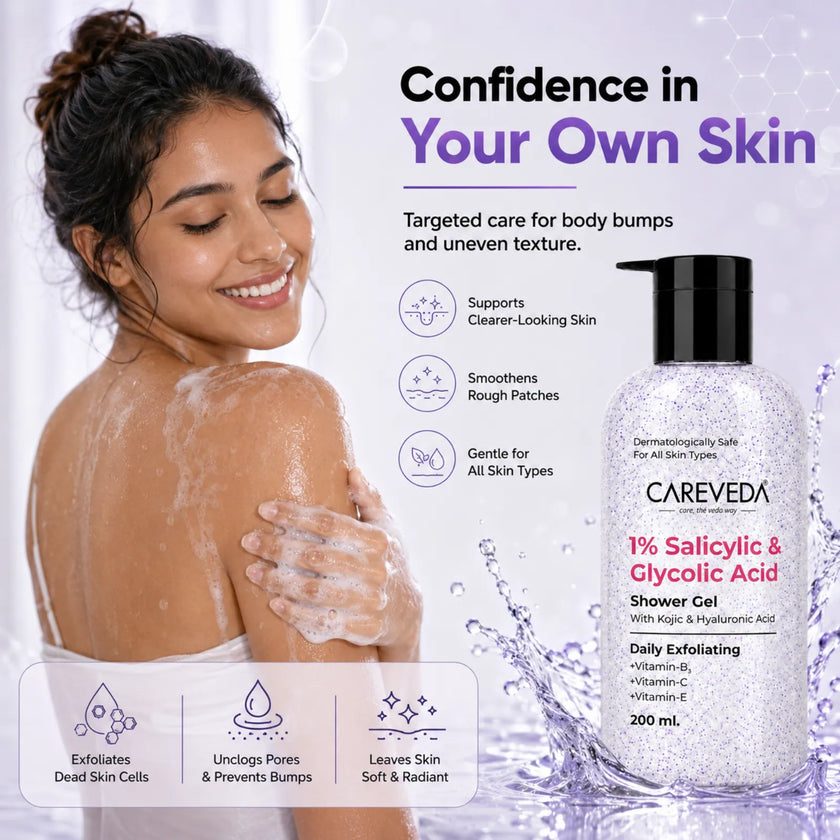 Careveda Daily Exfoliating Sali-cinamide Shower Gel | Brightening & Hydrating Body Wash with AHA & BHA - 200ml