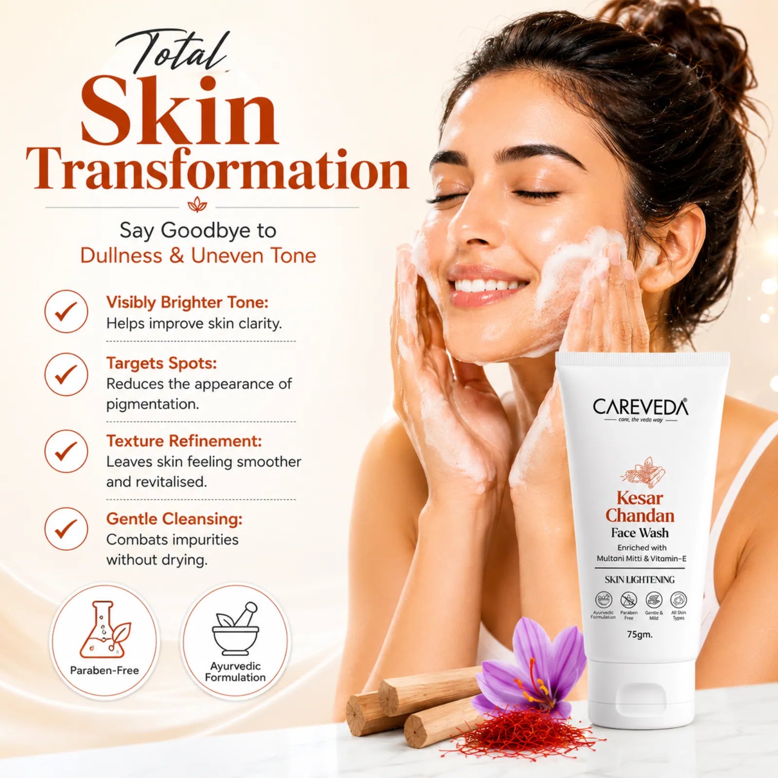 CareVeda Kesar Chandan Face Wash - For Skin Lightening & Deep Nourishment -75gm