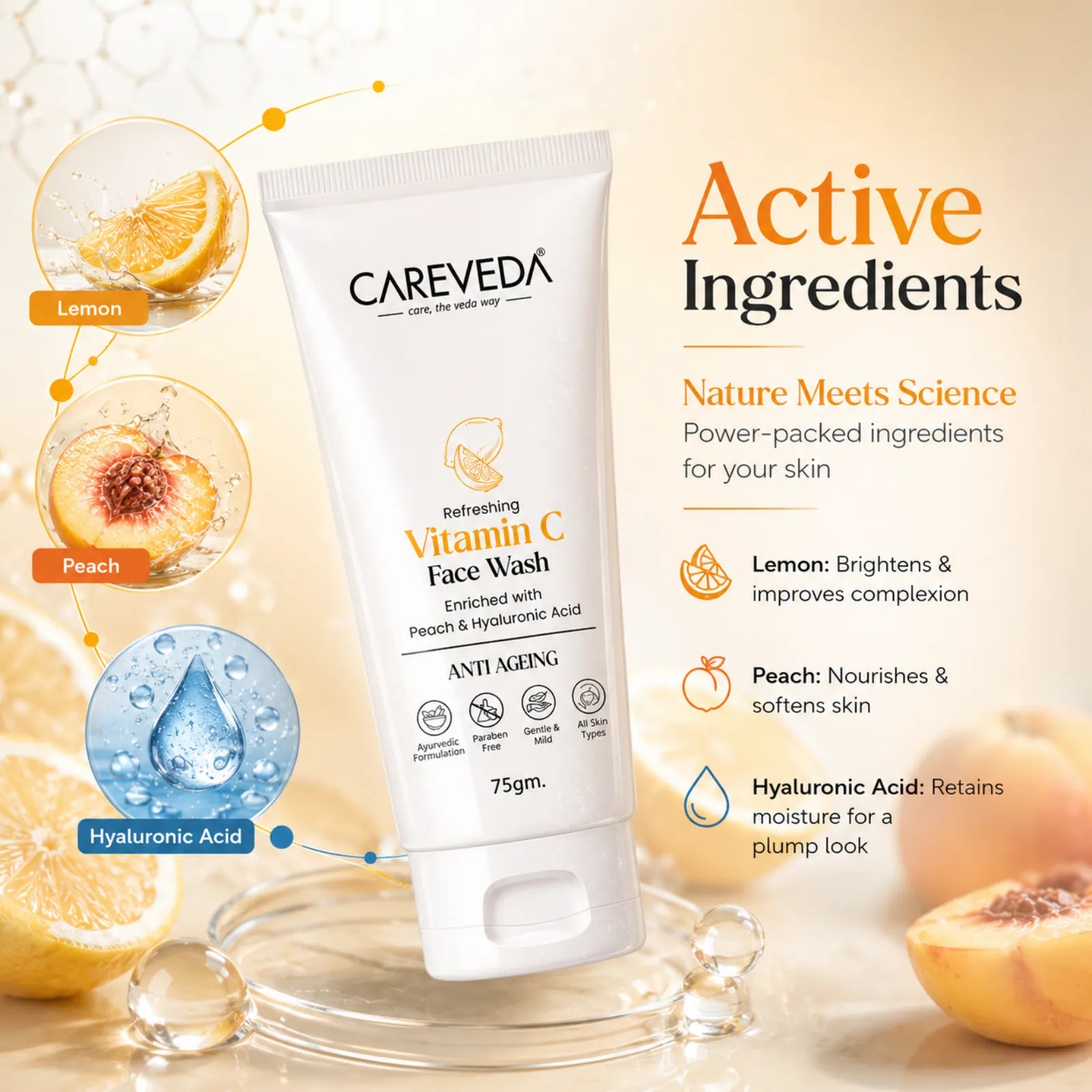 CareVeda Refreshing Vitamin C Face Wash with Peach & Hyaluronic Acid - 75g