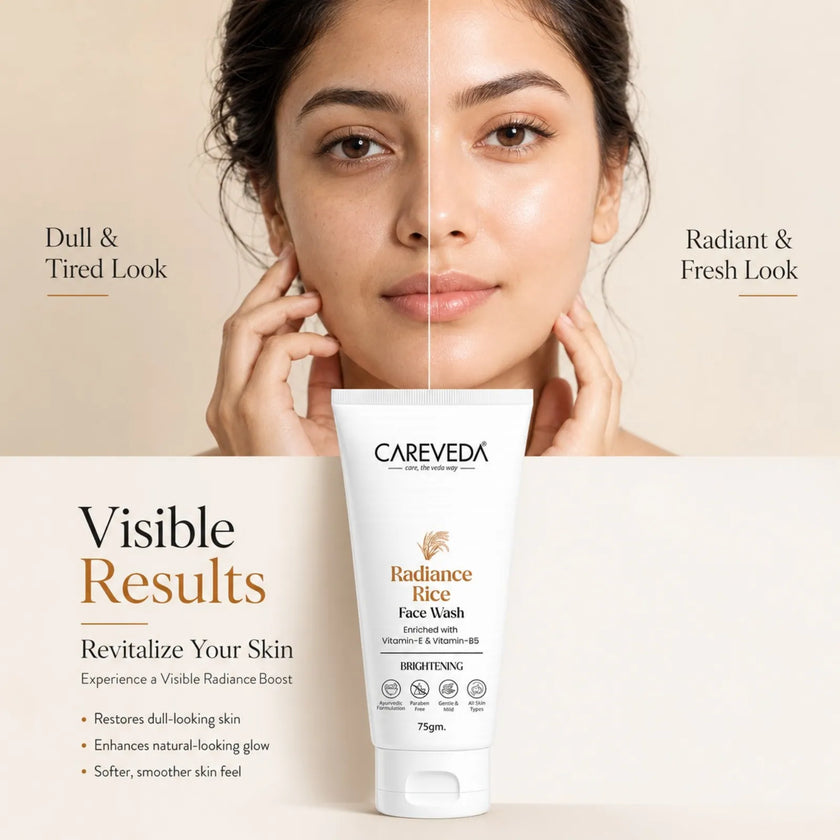 CareVeda Radiance Rice Face Wash for Glowing Skin - with Vitamin E & Vitamin B5 - Brightening & Hydrating Daily Cleanser - For All Skin Types, Paraben Free - 75gm