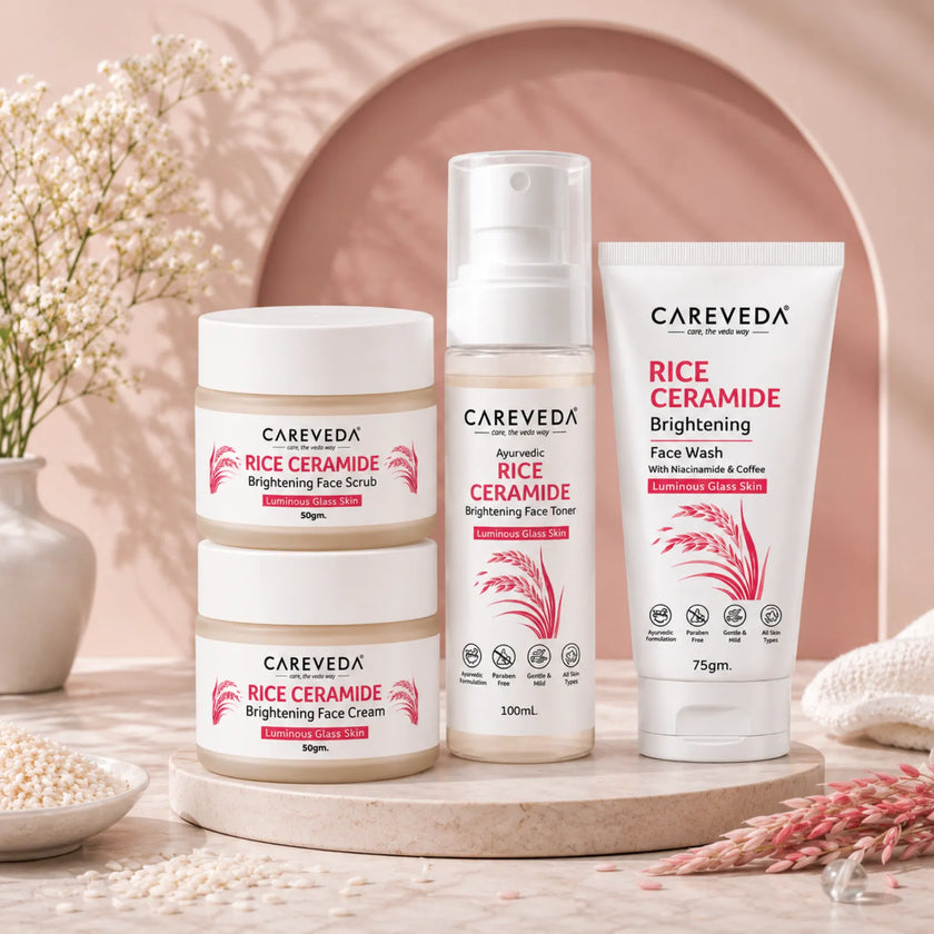 CareVeda Korean Glass Skin 4-Step Skincare Combo | Face Wash, Face Scrub, Face Cream & Face Toner | Rice Ceramide Daily Glow Routine