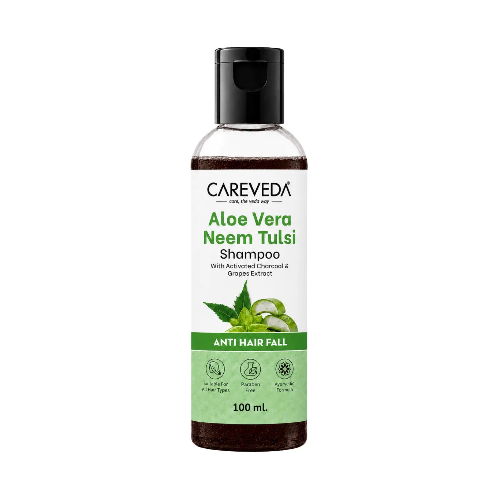 Careveda Aloe Vera Neem Tulsi Shampoo with Activated Charcoal & Grapes - Anti Hair Fall (100ml)
