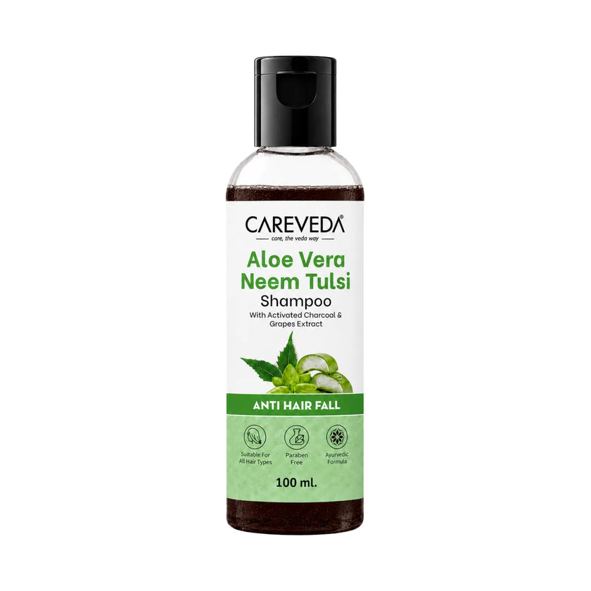 Careveda Aloe Vera Neem Tulsi Shampoo with Activated Charcoal & Grapes - Anti Hair Fall (100ml)