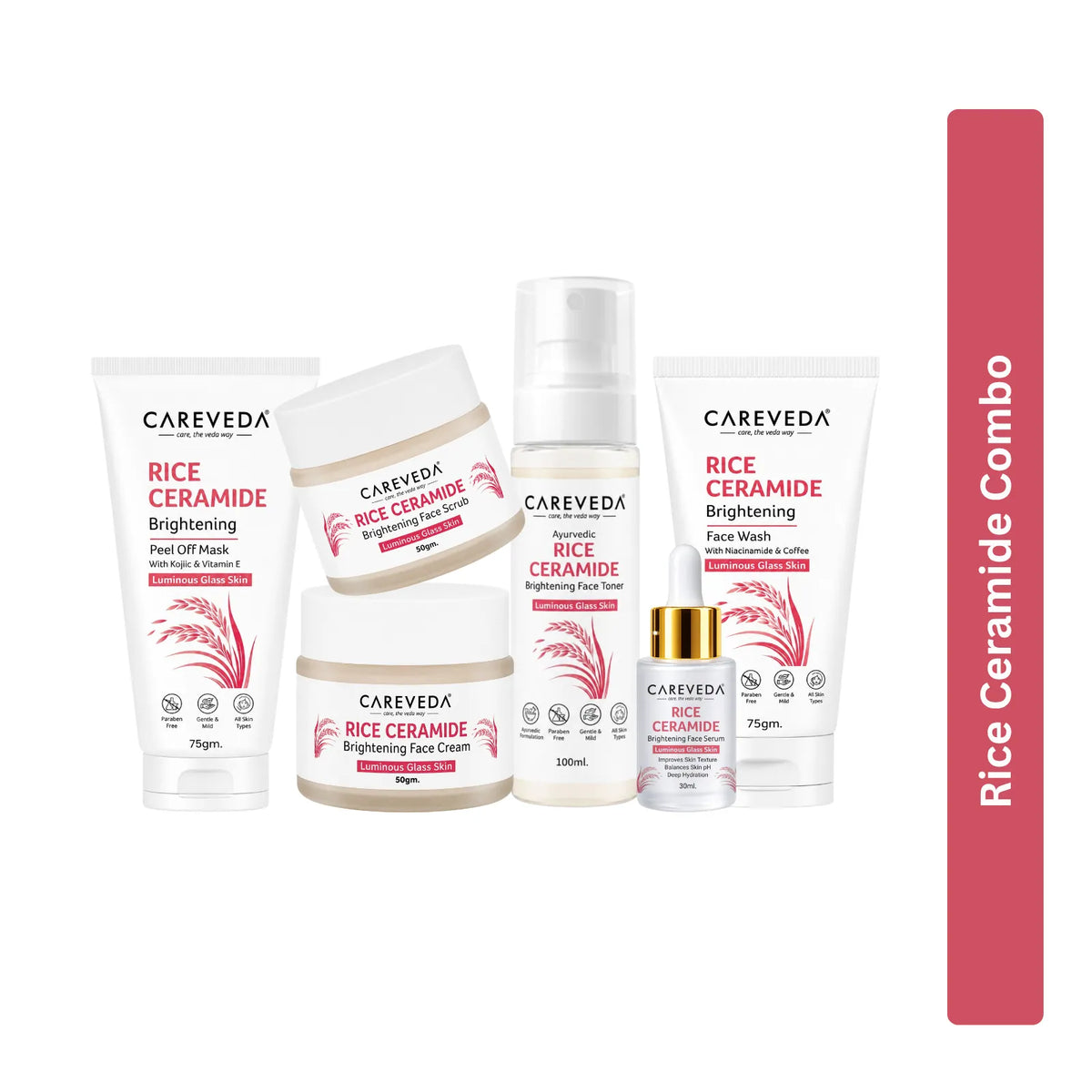 Careveda Rice Ceramide Brightening Skincare Gift Box | Complete Luminous Glass Skin Care Set with Face Wash, Peel Off Mask, Scrub, Cream & Serum, Toner - Set of 6