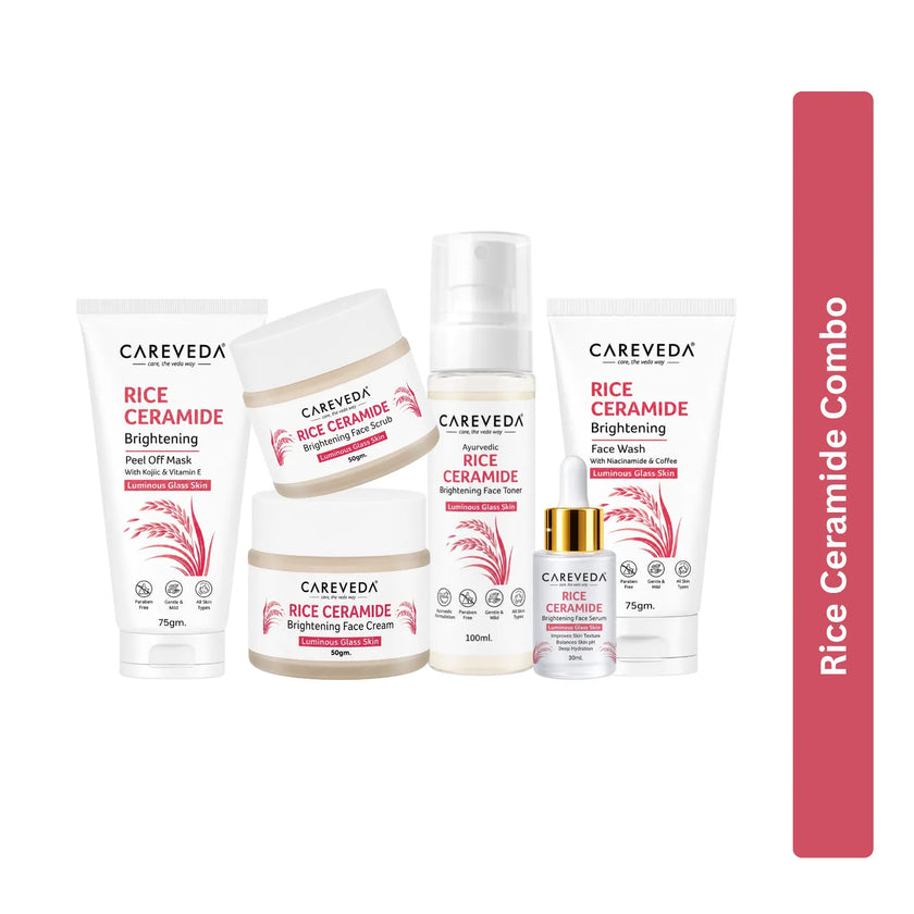 Careveda Rice Ceramide Brightening Skincare Gift Box | Complete Luminous Glass Skin Care Set with Face Wash, Peel Off Mask, Scrub, Cream & Serum, Toner - Set of 6