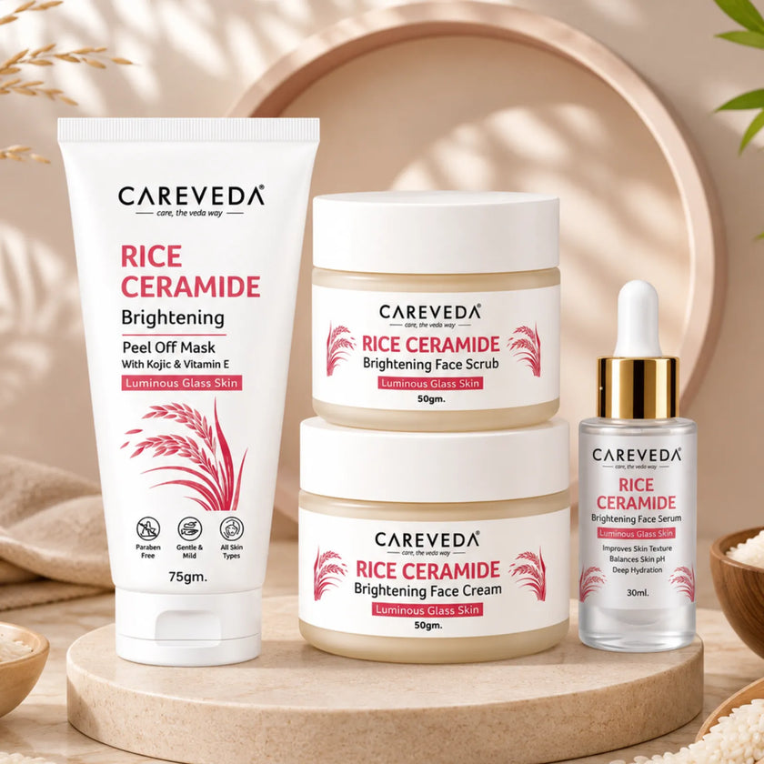 CareVeda Rice Ceramide Korean Glass Skin Skincare Kit | Face Scrub + Face Cream + Face Serum + Peel Off Mask | Hydrating & Brightening Face Care Combo