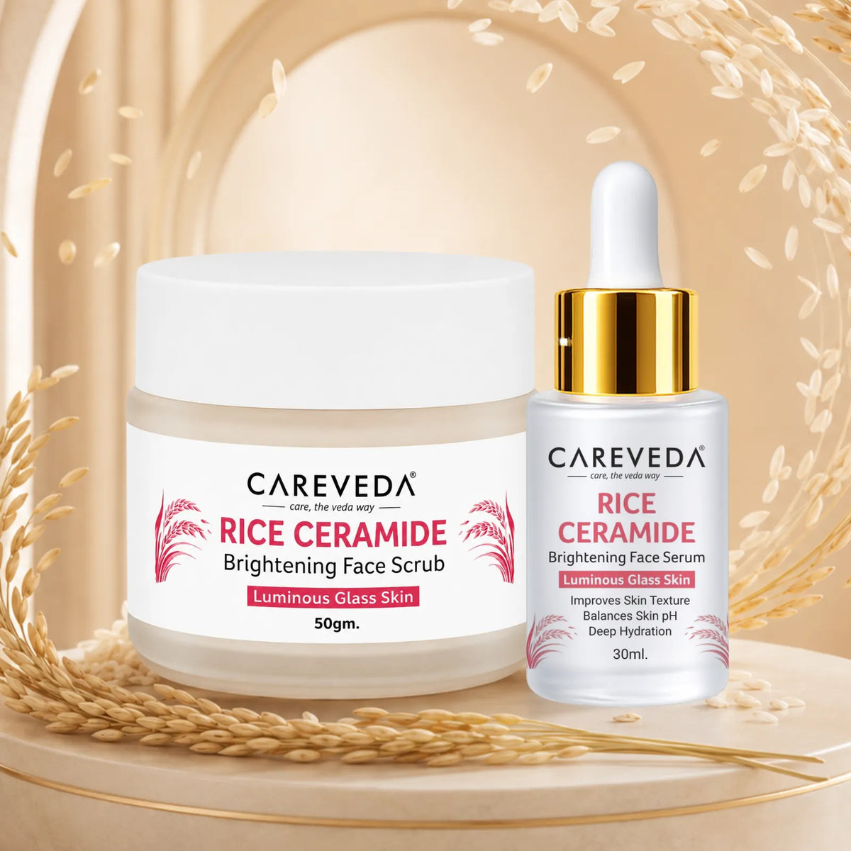 CareVeda Rice Ceramide Korean Glass Skin Skincare Kit | Face Scrub + Face Serum | Hydrating & Brightening Face Care Combo