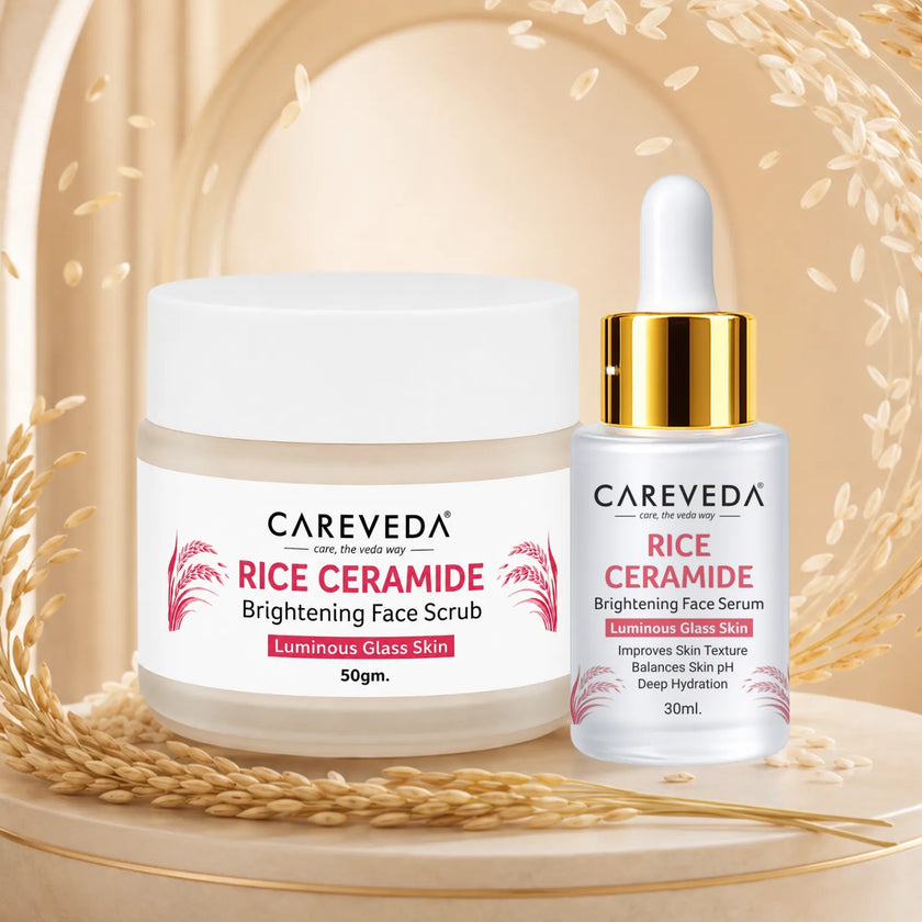 CareVeda Rice Ceramide Korean Glass Skin Skincare Kit | Face Scrub + Face Serum | Hydrating & Brightening Face Care Combo