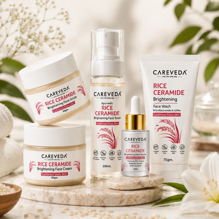 CareVeda Korean Glass Skin 5-Step Skincare Combo | Face Wash, Face Scrub, Face Serum, Face Cream & Face Toner | Rice Ceramide Daily Glow Routine