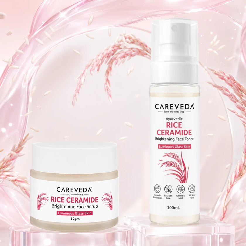 CareVeda Rice Ceramide Korean Glass Skin Skincare Kit | Face Scrub + Face Toner | Hydrating & Brightening Face Care Combo