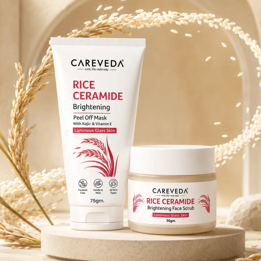 CareVeda Rice Ceramide Korean Glass Skin Skincare Kit | Face Scrub + Peel Off Mask | Hydrating & Brightening Face Care Combo