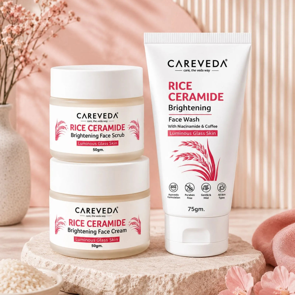 CareVeda Korean Glass Skin 3-Step Skincare Combo | Face Wash, Face Scrub & Face Cream | Rice Ceramide Daily Glow Routine