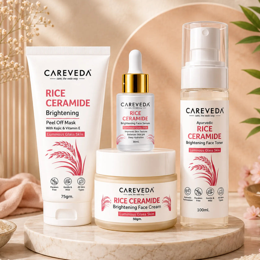 CareVeda Rice Ceramide Korean Glass Skin Skincare Kit | Face Cream + Face Serum + Face Toner + Peel Off Mask | Hydrating & Brightening Face Care Combo