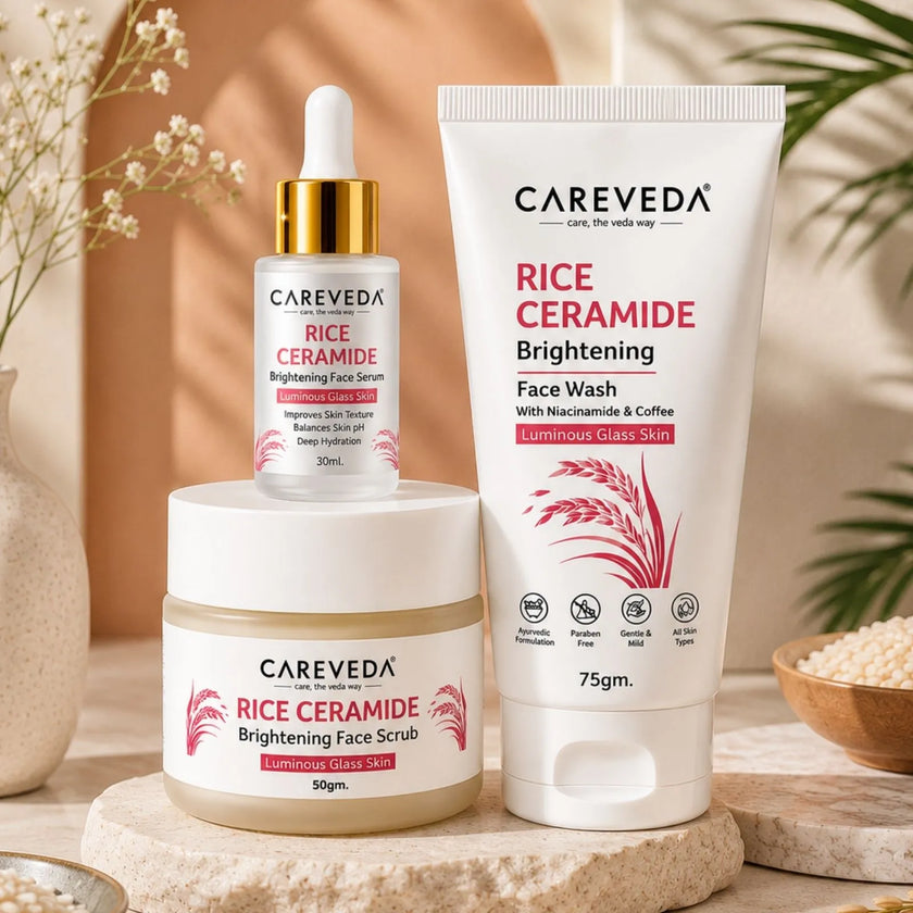 CareVeda Rice Ceramide Glass Skin Care Kit | Face Wash + Face Scrub + Face Serum | Complete Hydration & Glow Skincare Set