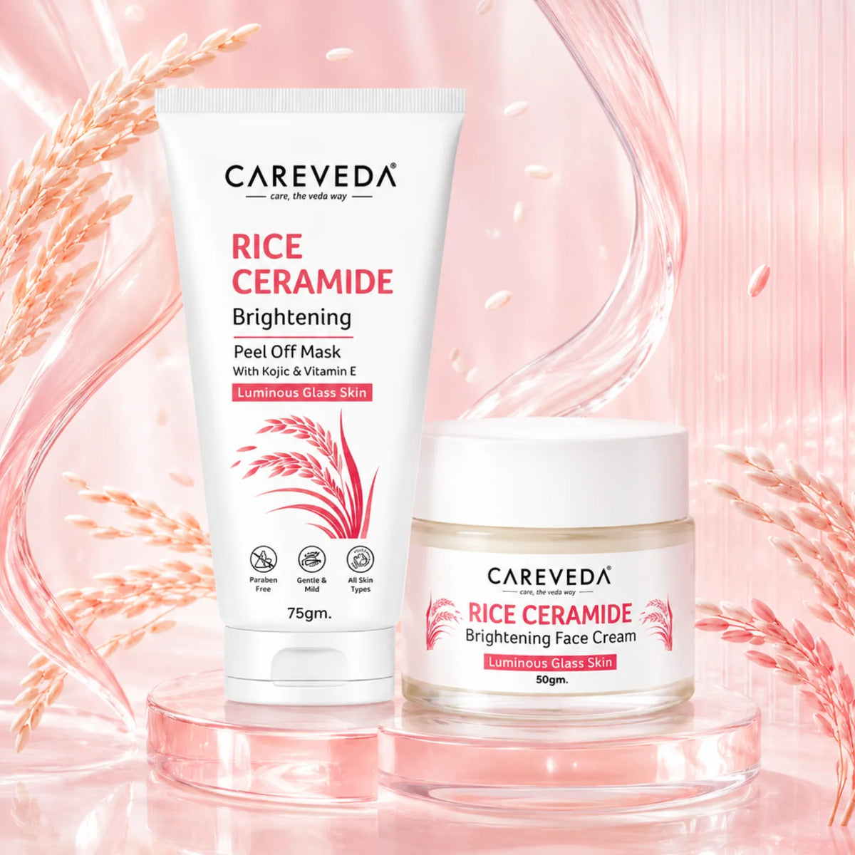 CareVeda Rice Ceramide Glass Skin Care Duo | Face Cream + Peel Off Mask | Deep Hydration & Skin Purifying Care