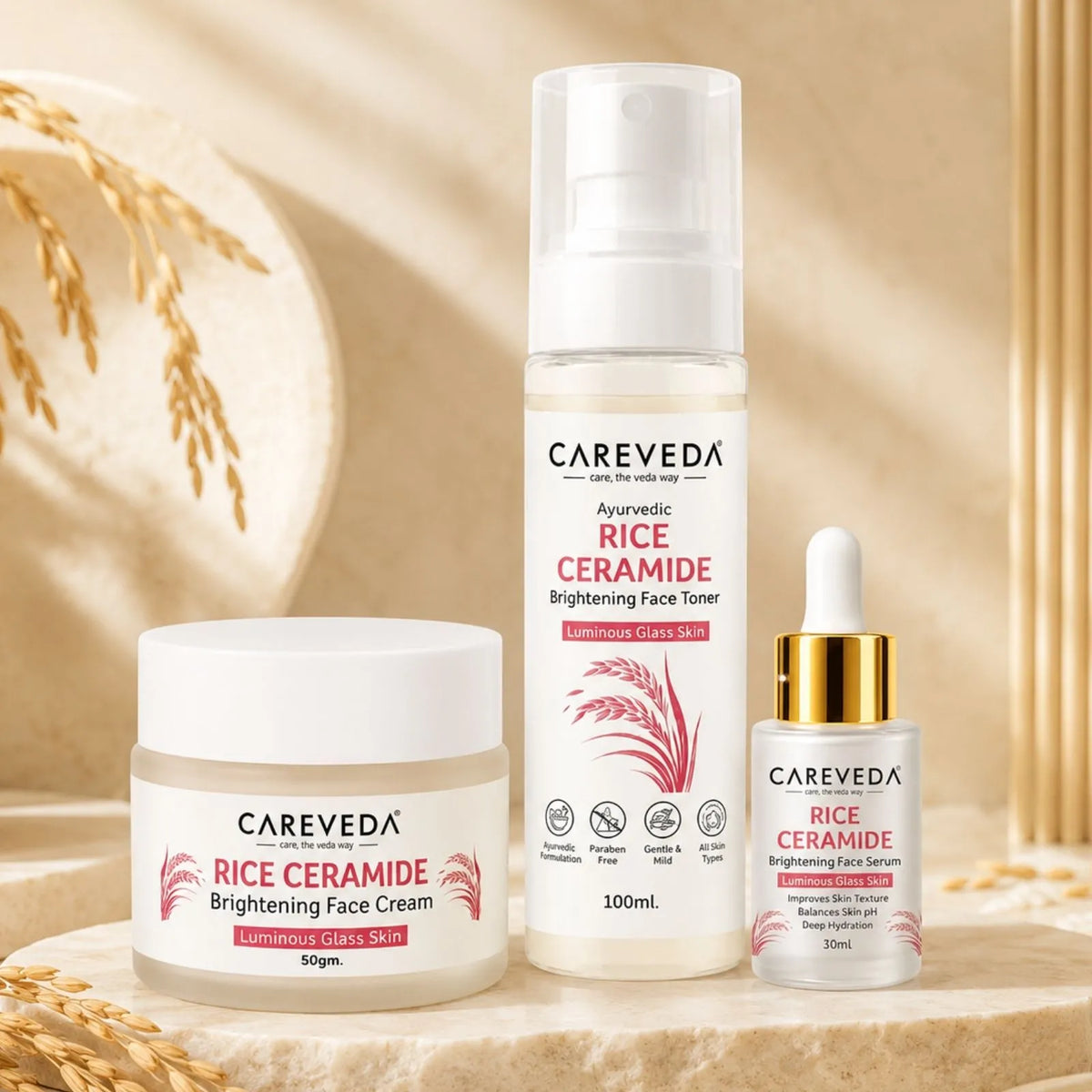 CareVeda Rice Ceramide Korean Glass Skin Skincare Kit | Face Cream + Face Serum + Face Toner | Hydrating & Brightening Face Care Combo