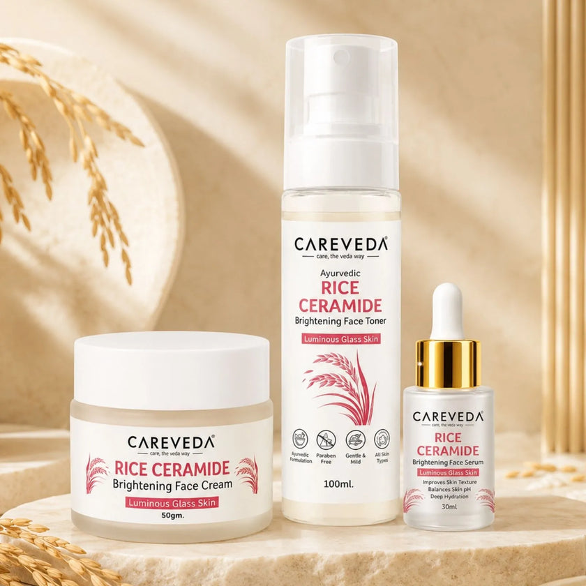 CareVeda Rice Ceramide Korean Glass Skin Skincare Kit | Face Cream + Face Serum + Face Toner | Hydrating & Brightening Face Care Combo