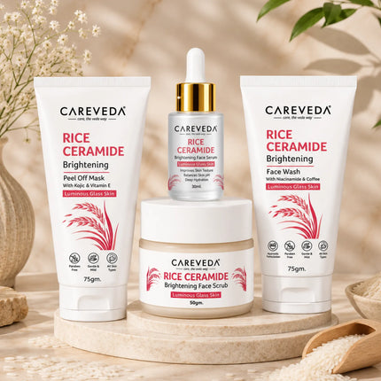 CareVeda Korean Glass Skin 4-Step Skincare Combo | Face Wash, Face Scrub, Face Serum & Peel Off Mask | Rice Ceramide Daily Glow Routine