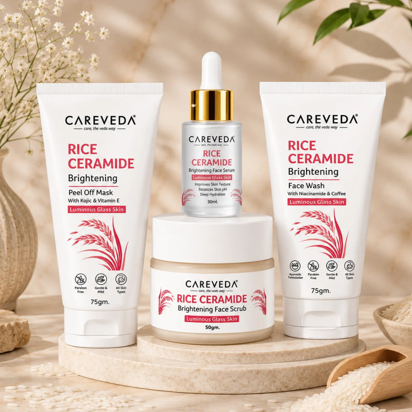 CareVeda Korean Glass Skin 4-Step Skincare Combo | Face Wash, Face Scrub, Face Serum & Peel Off Mask | Rice Ceramide Daily Glow Routine