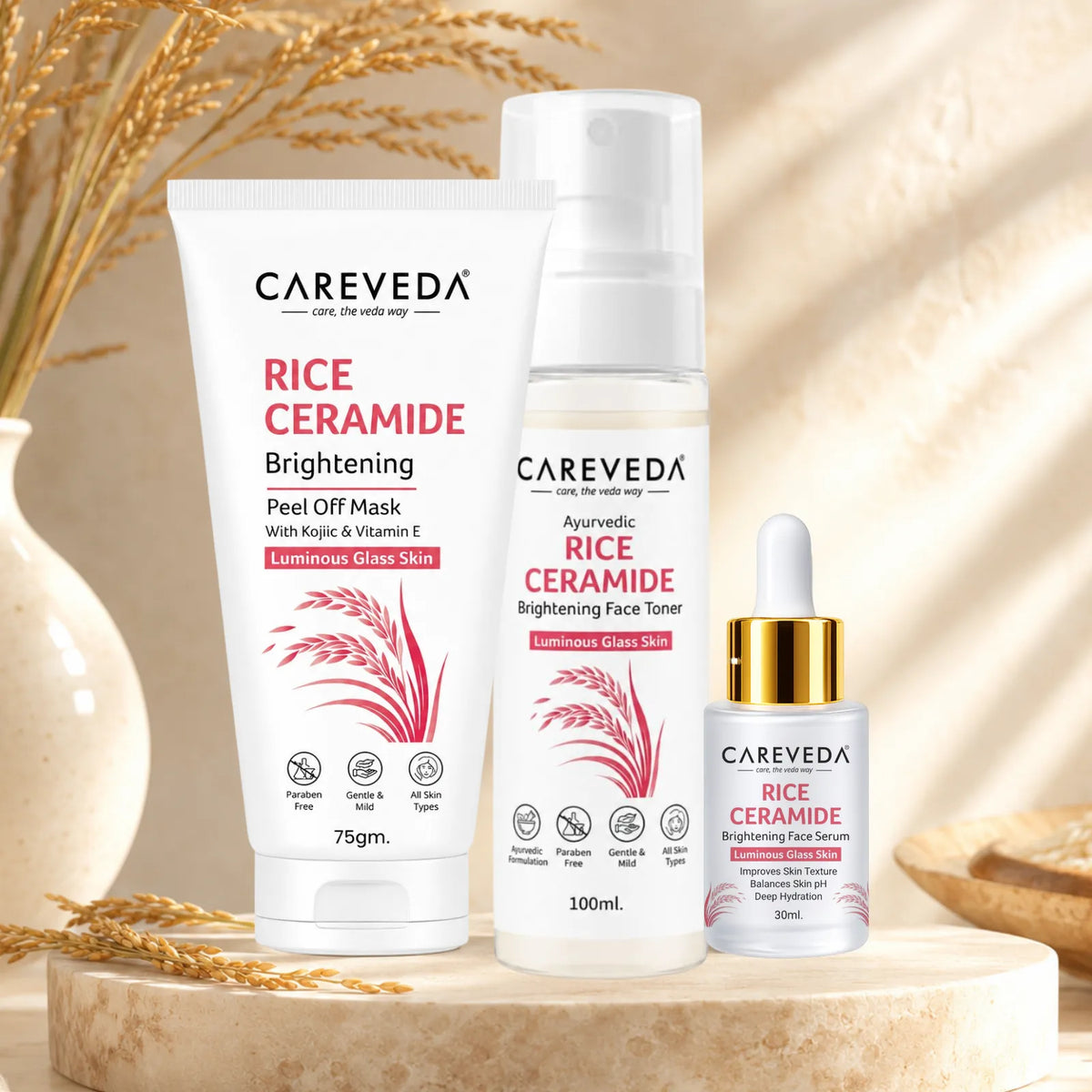 CareVeda Rice Ceramide Korean Glass Skin Skincare Kit | Face Serum + Peel Off Mask + Face Toner | Hydrating & Brightening Face Care Combo