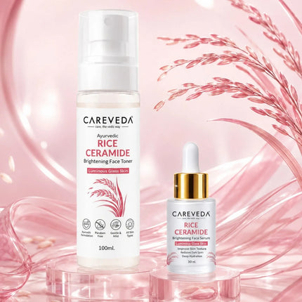 CareVeda Rice Ceramide Korean Glass Skin Skincare Kit | Face Serum + Face Toner | Hydrating & Brightening Face Care Combo