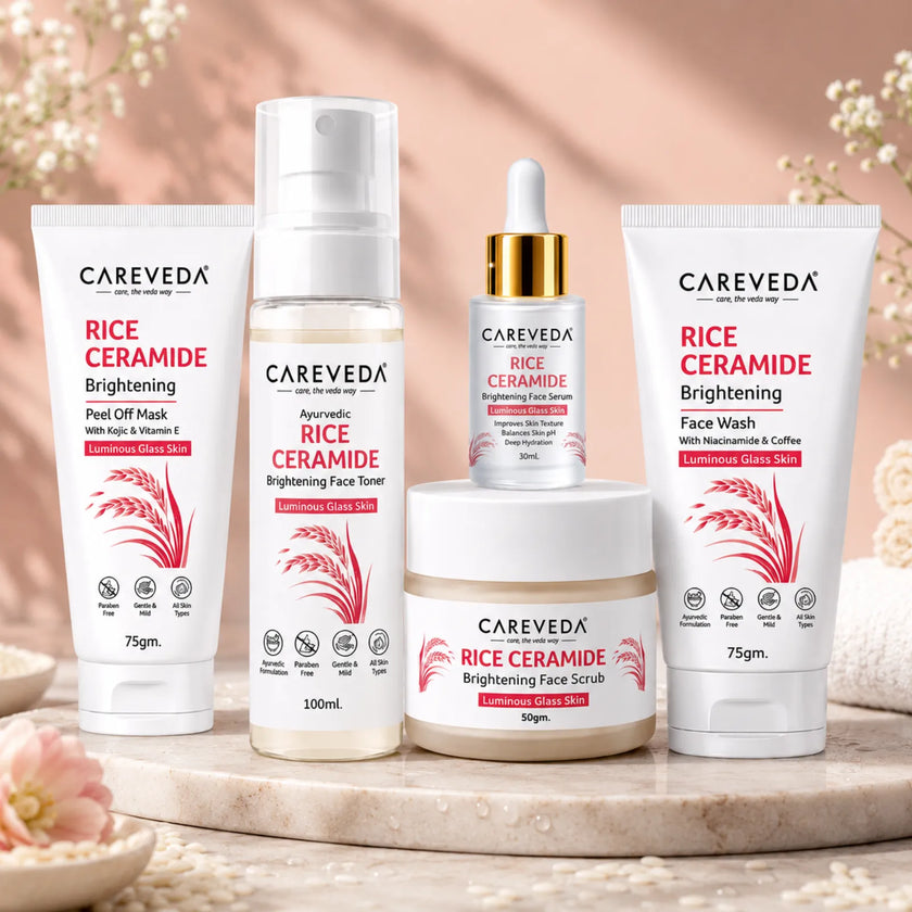 CareVeda Korean Glass Skin 5-Step Skincare Combo | Face Wash, Face Scrub, Face Serum, Face Toner & Peel Off Mask | Rice Ceramide Daily Glow Routine