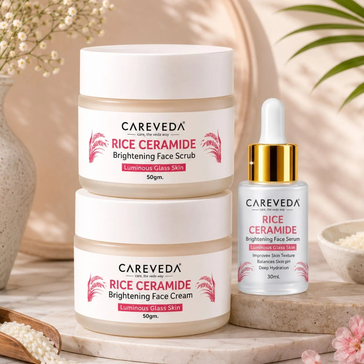 CareVeda Rice Ceramide Glass Skin Care Kit | Face Scrub + Face Serum + Face Cream | Complete Hydration & Glow Skincare Set