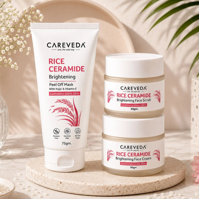 CareVeda Korean Glass Skin 3-Step Skincare Combo | Face Scrub, Face Cream & Peel Off Mask | Rice Ceramide Daily Glow Routine